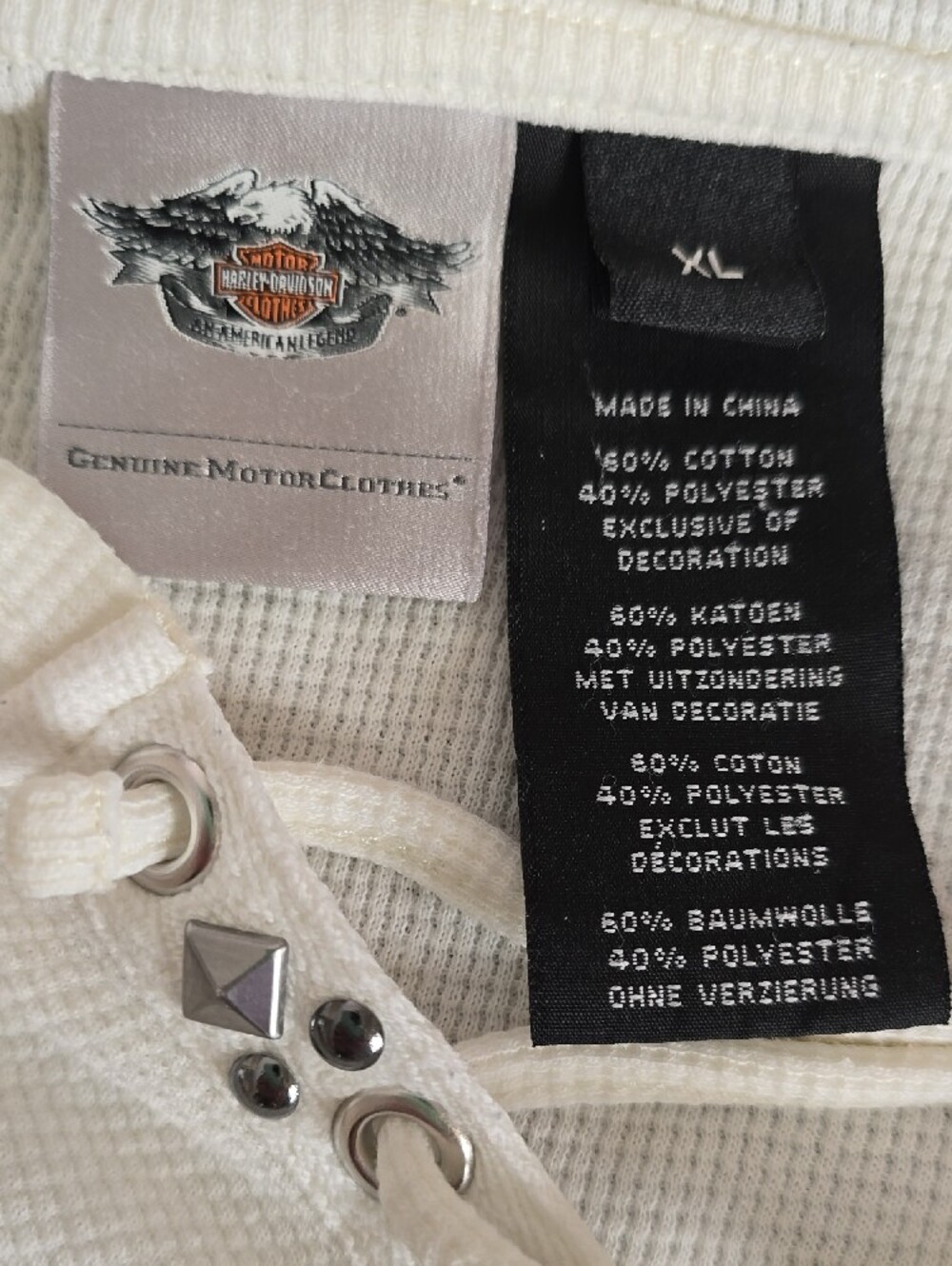 Womens XL Harley DavidsonWhite Lace-Up Hooded Long Sleeve Top with Script Detail - Picture 7 of 10